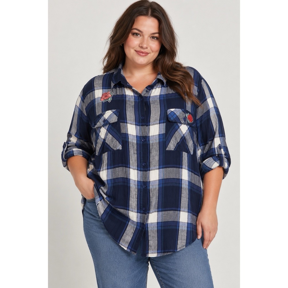 Live 4 Truth Women's 2X Navy Plaid Rose Floral Embroidered Button Down Top